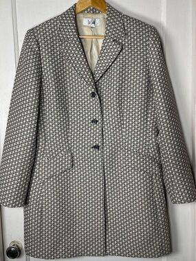 Le Suit Geometric Longline Blazer 14 Black Cream Shoulder Pads Career Mob Wife